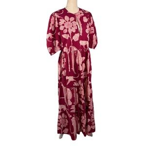 Oliphant Womens Pink Burgundy Leopard Floral Cotton Tiered Maxi Dress Size M